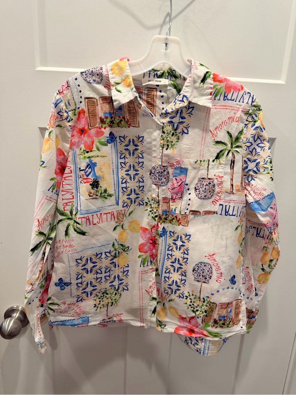Musy Muse Italy Scenic Print Cotton Button Down Shirt Large Coastal